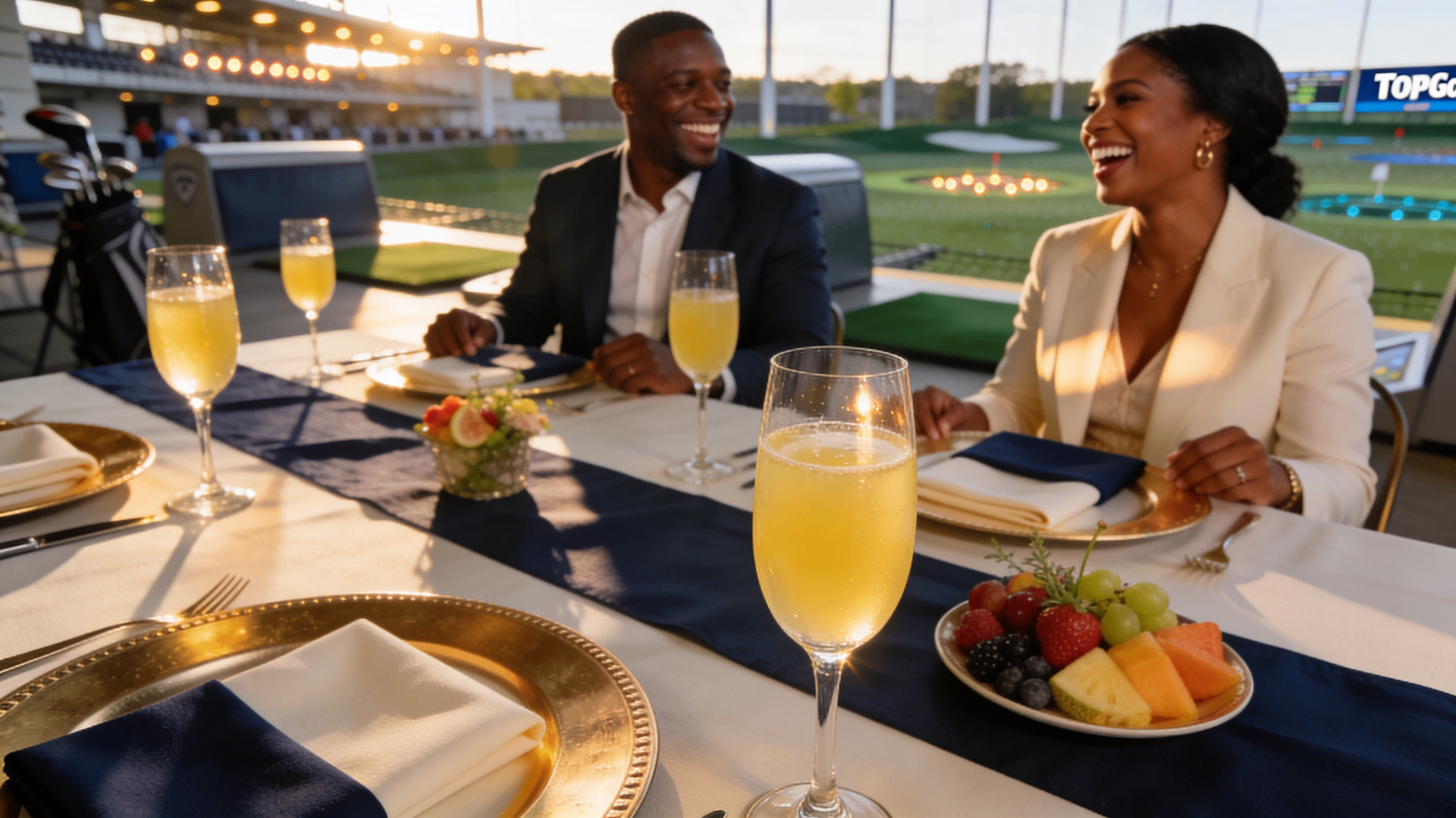 Couple sharing a joyful brunch at Topgolf with mimosas, gold chargers, and navy linens at golden hour