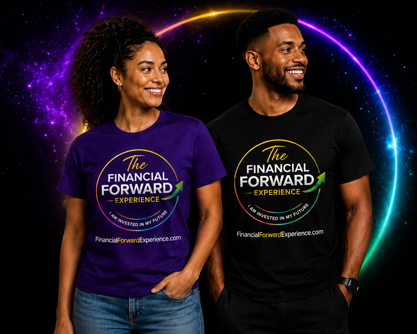 Two attendees wearing The Financial Forward Experience t-shirts against a cosmic backdrop