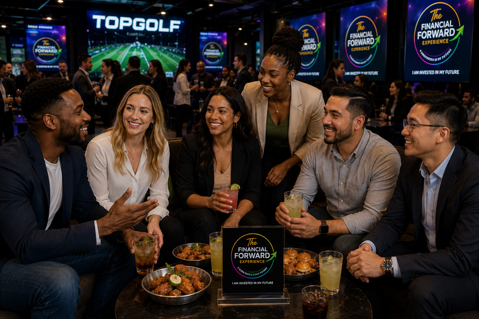Guests laughing and connecting around a table at the Financial Forward Experience